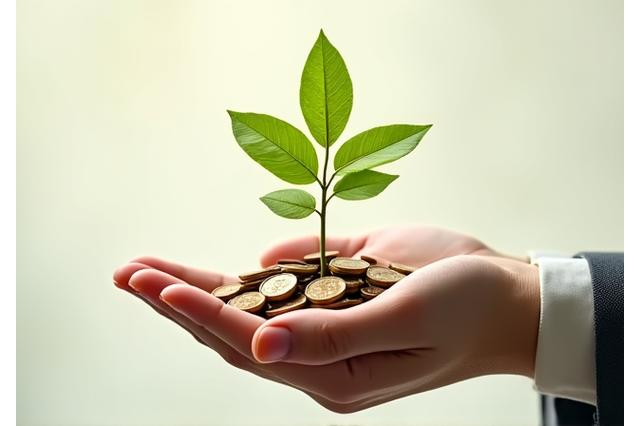 Mano sosteniendo una pequeña planta de dinero creciendo de una pila de monedas