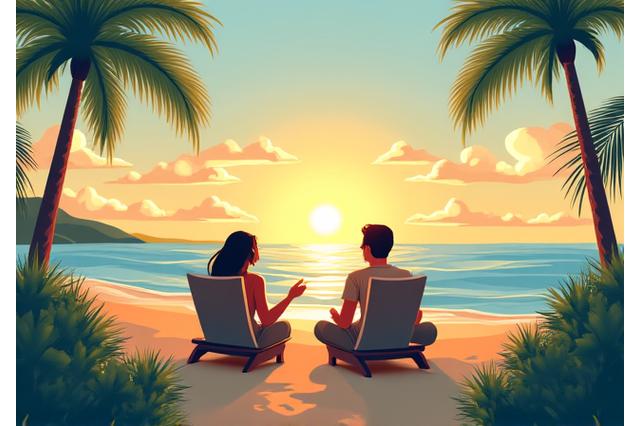 Personas relajadas en una playa mientras fluye dinero, representando ingreso pasivo
