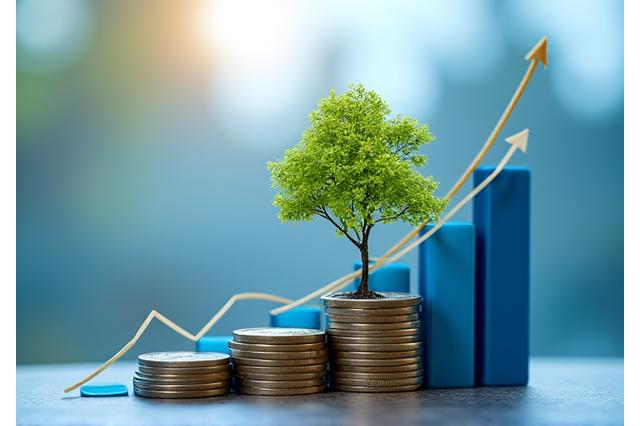 Gráfico de crecimiento financiero con monedas chilenas y un pequeño árbol creciendo