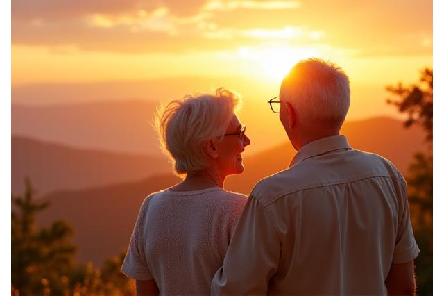 Pareja mayor sonriente disfrutando de un atardecer, simbolizando una jubilación tranquila