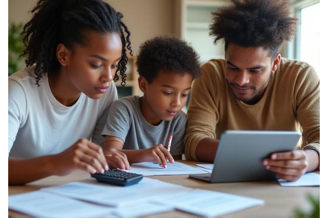 Familia sentada en una mesa revisando un presupuesto, con calculadora y documentos