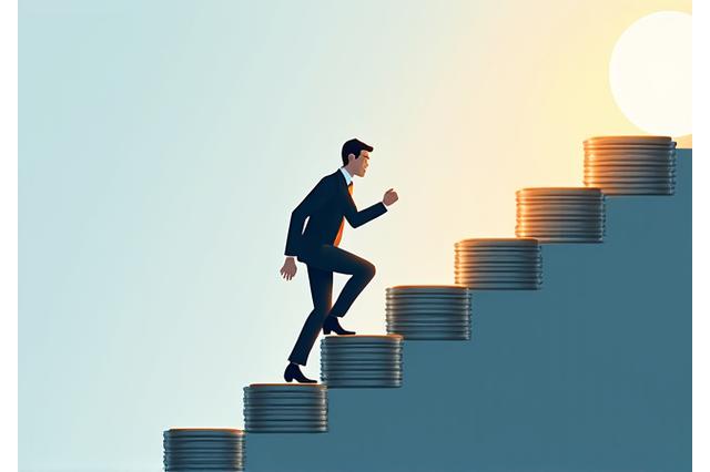 Persona subiendo una escalera hecha de monedas, simbolizando salir de deudas