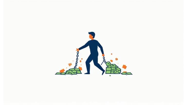 Icono de una persona liberándose de cadenas atadas a montones de dinero desordenados, simbolizando la liberación de deudas