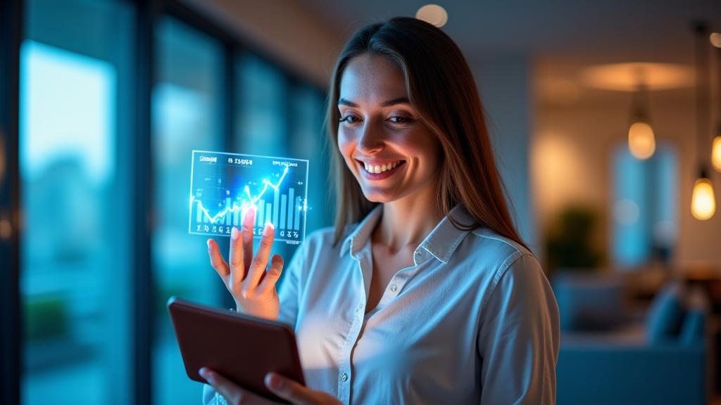 Persona sonriendo sosteniendo una billetera y un gráfico financiero, representando bienestar financiero
