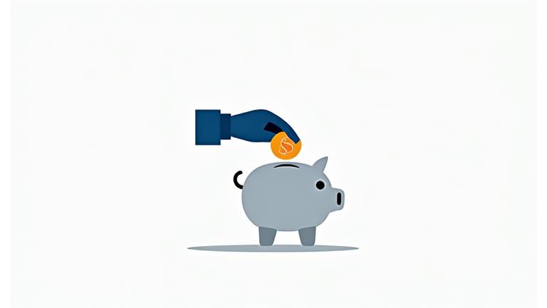 Icono estilizado de una mano colocando una moneda en una alcancía, con símbolos de crecimiento, representando ahorro inteligente