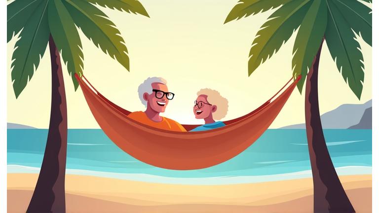 Icono de una pareja de ancianos relajándose en una hamaca en la playa, simbolizando una jubilación tranquila y cómoda