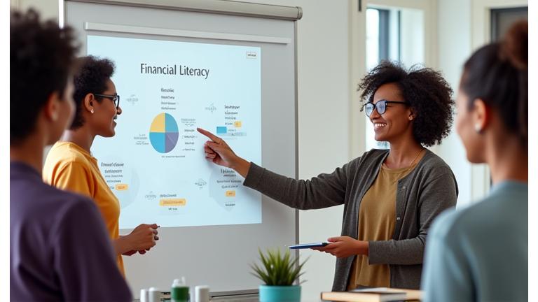 Grupo de personas interactuando en un taller, con un facilitador explicando conceptos financieros en una pizarra